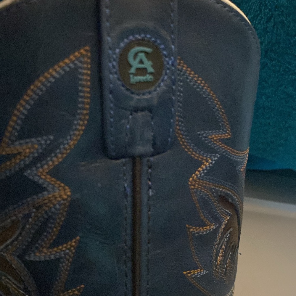 LAREDO MEN'S RUST SHLDR PRT/Navy BS BLUE LEATHER COWBOY BOOTS 7459 - Picture 15 of 17